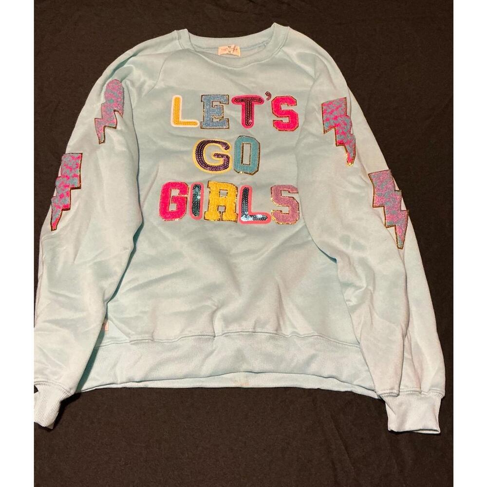 Simply Southern Let's Go Girls Sequin Lightning Bolt Sweatshirt Light Blue M
